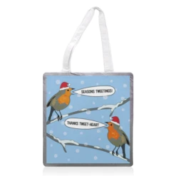 Tote Bags, Christmas Robin Seasons Tweetings Collection By Catherine Critchley.