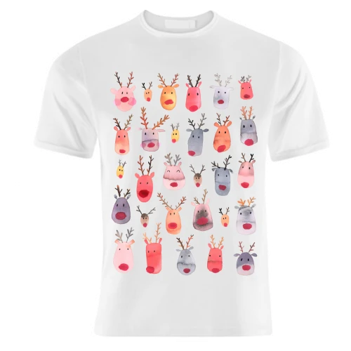 T-shirts, Cute Watercolor Christmas Rudolph Reindeers By Ninola Design 1 T-shirts, Cute Watercolor Christmas Rudolph Reindeers By Ninola Design