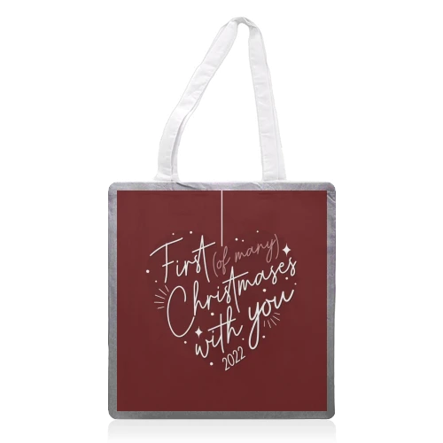 Tote Bags, First Christmas With You Heart Print By The Girl Next Draw 1 Tote Bags, First Christmas With You Heart Print By The Girl Next Draw